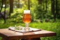glass of homebrew beer on a picnic table