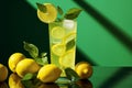 Glass of homemade lemonade with mint leaves on green background with sun shadow