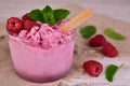 A glass of homemade raspberry ice cream and fresh raspberries.Close-up. Royalty Free Stock Photo