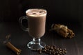 Cup of cacao. glass of hot chocolate with whipped cream, coffee beans and cinnamon sticks on a dark background. Royalty Free Stock Photo