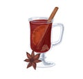 Glass of hot red mulled wine with winter spices and fruits. Spicy drink with cinnamon stick, cardamom seeds, star anise