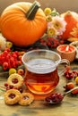 Glass of hot steaming tea and autumn plants on wooden table