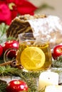 Glass of hot steaming tea on christmas table