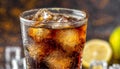 A glass of ice-cold carbonated Coca-Cola with ice inside. Close up view of the cola in glass Royalty Free Stock Photo
