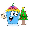 A glass of ice cream celebrating christmas hugging a fir tree, doodle icon image kawaii