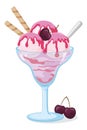 Glass with ice cream, cherry berries, scoop and