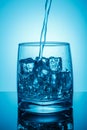 A glass with ice, dynamic splash jet. Drinking water. pour water into a glass, symbolic photo for drinking water, excess and waste Royalty Free Stock Photo