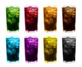 Ice glass water multi color, fruit juice colorful mixed in ice glass, ice tea juice glass, water glasses sweet carbonated dri Royalty Free Stock Photo