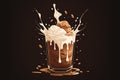 A glass of iced coffee and cream are being poured into it, over a dark background Royalty Free Stock Photo