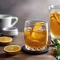 A glass of iced ginger turmeric tea with a ginger slice and turmeric root1 Royalty Free Stock Photo