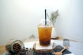 A glass of iced raspberry soda mixed with lemonade juice on blurred background, Tropical mixed mocktail. Royalty Free Stock Photo