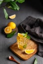 A glass of iced tea with lemon and mint on a wooden board on a dark background with citrus fruits and branch Royalty Free Stock Photo