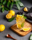 A glass of iced tea with lemon and mint on a wooden board on a dark background with citrus fruits and branch