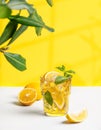 A glass of iced tea with lemon and mint on a yellow and white background with a shadow from the window and branch Royalty Free Stock Photo