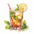 Realistic Watercolor Illustration Of A Tea Cocktail With Mint