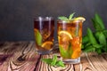 Glass of iced tea with mint and lemon. Cold drink. Rustic style Royalty Free Stock Photo