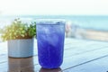 A glass of iced water mixed with lemon juice and purple pea flowers with water drop on the glass Royalty Free Stock Photo