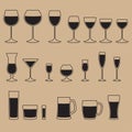 Glass icon set. Stemware for a different drinks. Beer glass, Wine glass and Cups isolated icons collection. Vector illustration.