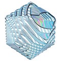 glass icosphere crystal figure made of iridescent glass spilling in waves, blue tint, refraction of light,polygon, isolated