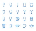 Glass illustration including icons - beer mug, whiskey shot, wineglass, teapot minimal vector illustration. Simple thin