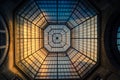 Glass and iron patterned ceiling roof of huge dome view from below