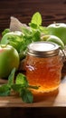 Glass jar Apple jam, two apples, green mint on wooden background