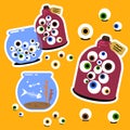 Glass jar and aquarium with eyeballs stickers set. yellow background Royalty Free Stock Photo