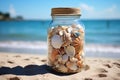 Glass jar with beautiful shells in the sand on the beach. Summer vacation, travel background. Generated by artificial Royalty Free Stock Photo