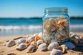 Glass jar with beautiful shells in the sand on the beach. Summer vacation, travel background. Generated by artificial Royalty Free Stock Photo