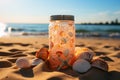 Glass jar with beautiful shells in the sand on the beach. Summer vacation, travel background. Generated by artificial Royalty Free Stock Photo