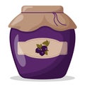 Glass jar of black currant jam with closed lid. Cute vector illustration Royalty Free Stock Photo