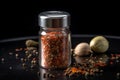 Glass jar with black pepper, ground paprika. Generate Ai