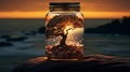 glass jar with a burning tree inside, standing on a cliff