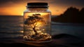 glass jar with a burning tree inside, standing on a cliff