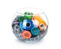 Glass jar, buttons, tape measuring and skeins