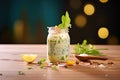 glass jar of caesar dressing with herb garnish Royalty Free Stock Photo
