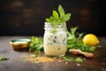 glass jar of caesar dressing with herb garnish Royalty Free Stock Photo