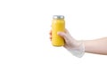 Glass jar of canned applesauce in hand in protective glove. White isolate