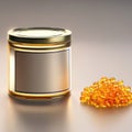 Glass jar of caviar fish eggs, empty blank generic product packaging mockup