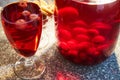 The glass jar of cherry compote, a glass with compote, sweets in a vase, close up Royalty Free Stock Photo