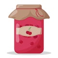 Glass jar of cherry jam with closed lid. Cute vector illustration Royalty Free Stock Photo