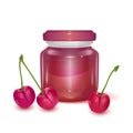 Glass jar with Cherry jam on light background, Label for jam. Mockup for your brand realistic vector EPS 10 illustration Royalty Free Stock Photo