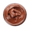 Glass jar of chocolate paste isolated on white, top view Royalty Free Stock Photo