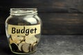 Glass jar with coins and the inscription `Budget`. The concept of accumulating money in the family budget. Family Insurance. Distr
