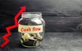 Glass jar with coins and the inscription ` Cash flow ` and up arrow. Financial concept. Investments and growth of assets, retireme Royalty Free Stock Photo