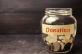 Glass jar with coins and the inscription `Donation`. Medicine concept. blood transfusion, health care. Voluntary blood surrender.