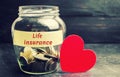 Glass jar with coins and the inscription `Life Insurance`. The concept of medical insurance of life, family, health. Healthcare. R