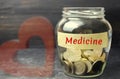 Glass jar with coins and the inscription `Medicine`. The concept of family medicine insurance, healthcare. Medical expenses. Distr Royalty Free Stock Photo