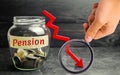 Glass jar with coins and the inscription `Pension` and and down arrow. Decline / reduction pension payments. Retirement. Financing Royalty Free Stock Photo