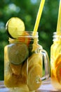 Glass jar with cold vitamin drink with sliced citrus fruits close-up.